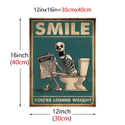Vintage-style canvas wall art featuring a skeleton man squatting on a toilet reading a newspaper with motivational text