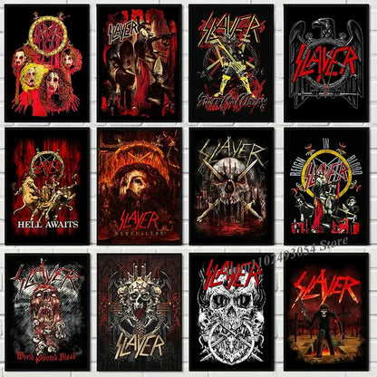 A collection of nine black and red slayer heavy metal band album poster canvases featuring skulls crosses and logos