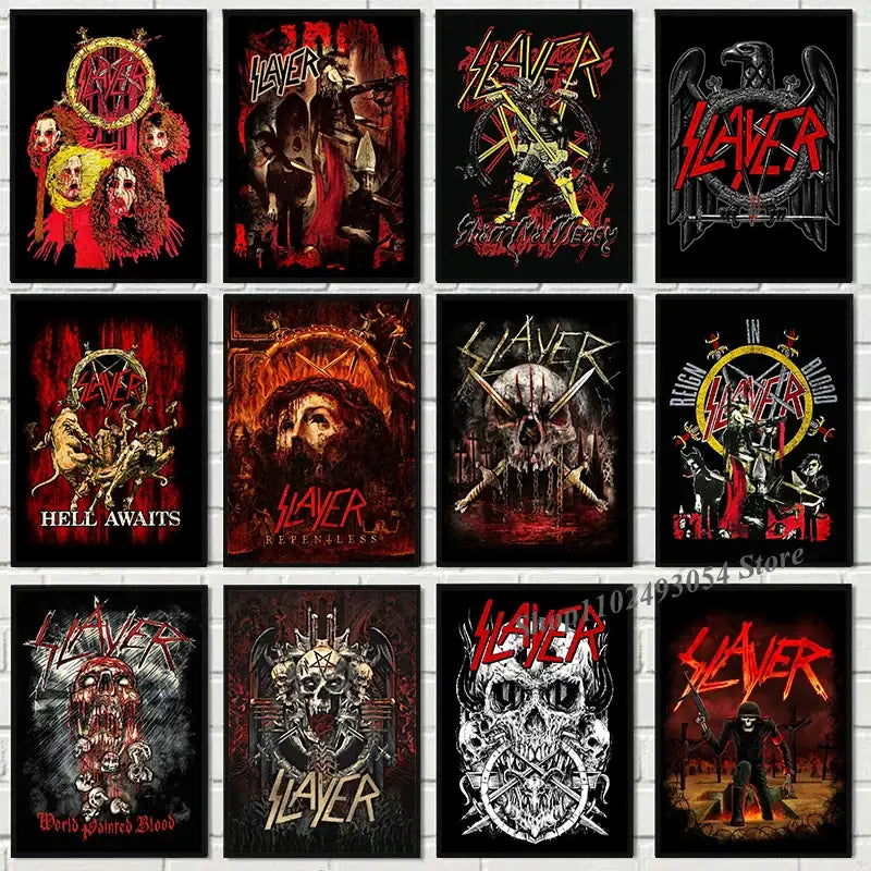 A collection of nine black and red slayer heavy metal band album poster canvases featuring skulls crosses and logos