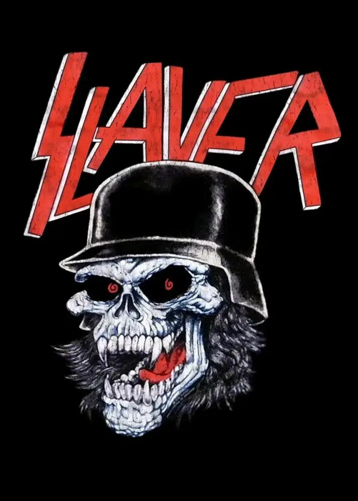 Black skull with red eyes and tongue wearing black hat on decorbites™ slayer heavy metal band album poster canvas art