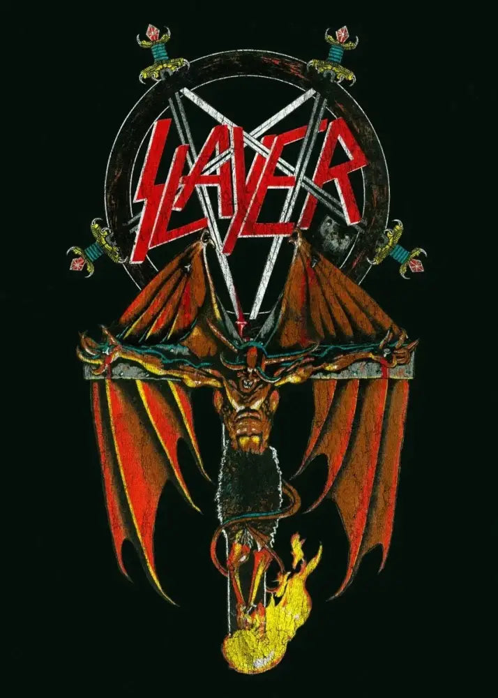 Black t-shirt featuring detailed slayer heavy metal logo with red lettering crossed swords and demonic figure for band album poster art
