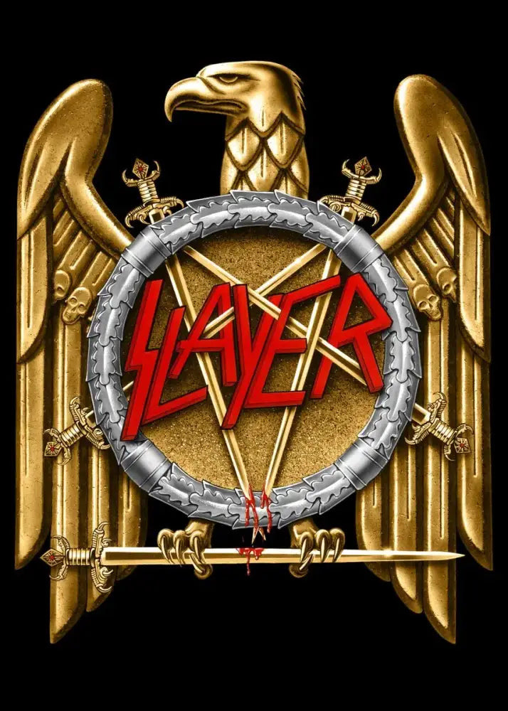 Decorbites™ slayer heavy metal band album poster canvas art featuring a golden eagle clutching swords and a silver ring