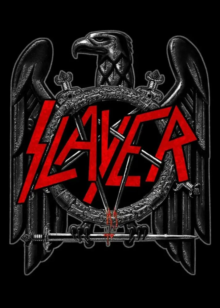 Decorbites slayer heavy metal band album poster canvas art featuring red slayer logo with black eagle and swords on dark background