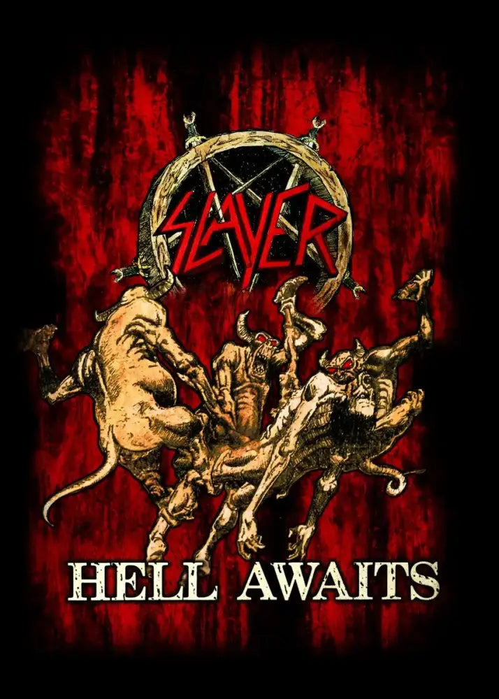 DecorBites™ slayer heavy metal band album poster canvas art featuring red and black hell awaits cover with demonic figures
