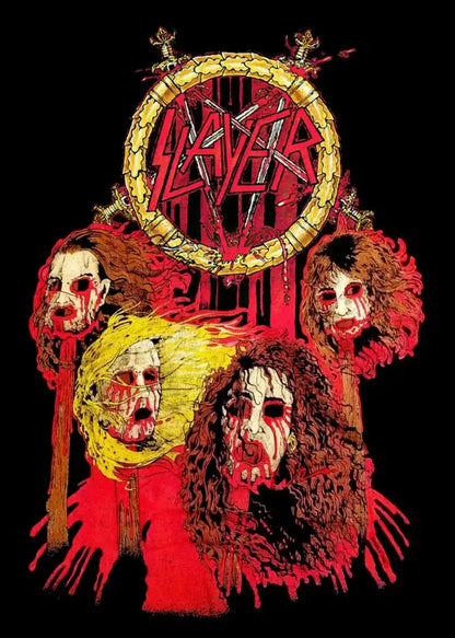 Decorbites™ slayer heavy metal band album poster canvas art featuring red and black logo with gold chain-link border