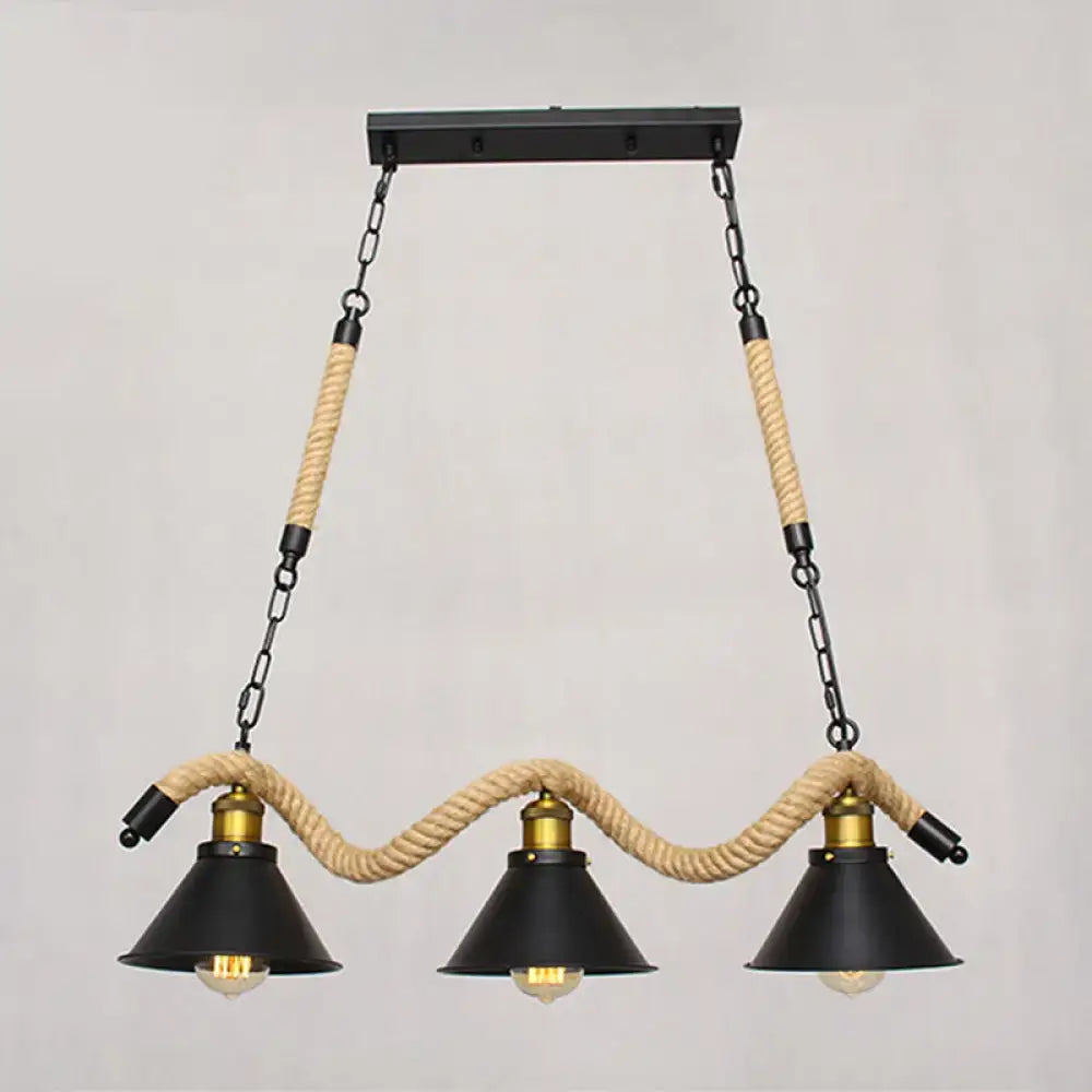 DecorBites™ sleek black spiral rope pendant light with three conical shades and brass accents for 220v-240v use