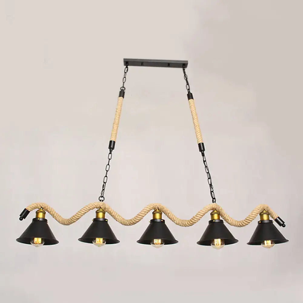 DecorBites sleek black pendant light with five conical shades brass accents spiral rope chains 220v-240v industrial style