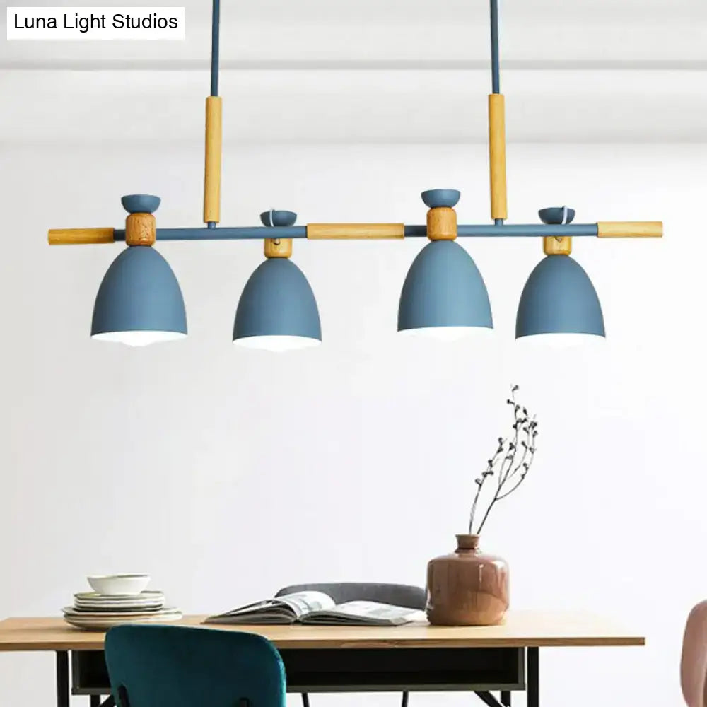 Decorbites sleek dome shade island pendant light with four blue wood dome shades and metallic finish for dining rooms