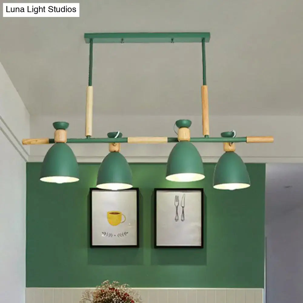 Decorbites sleek green island pendant light with wooden accents and four dome shades for dining rooms