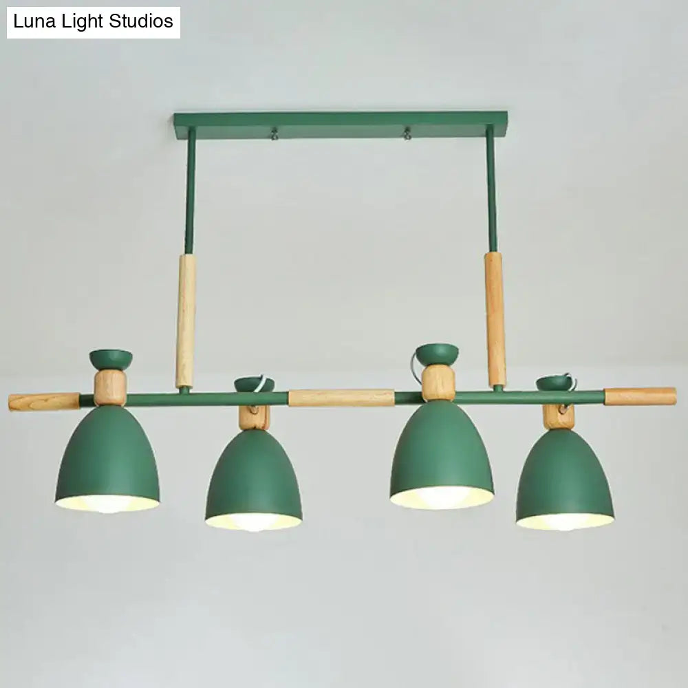 DecorBites sleek green island pendant light with four dome-shaped metal and wood shades ideal for dining rooms