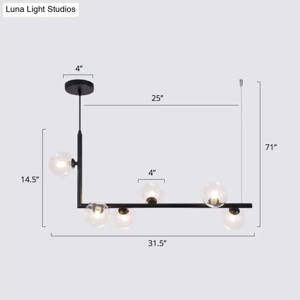 Black metal chandelier pendant light with five clear glass globes for dining room hanging island design by DecorBites™