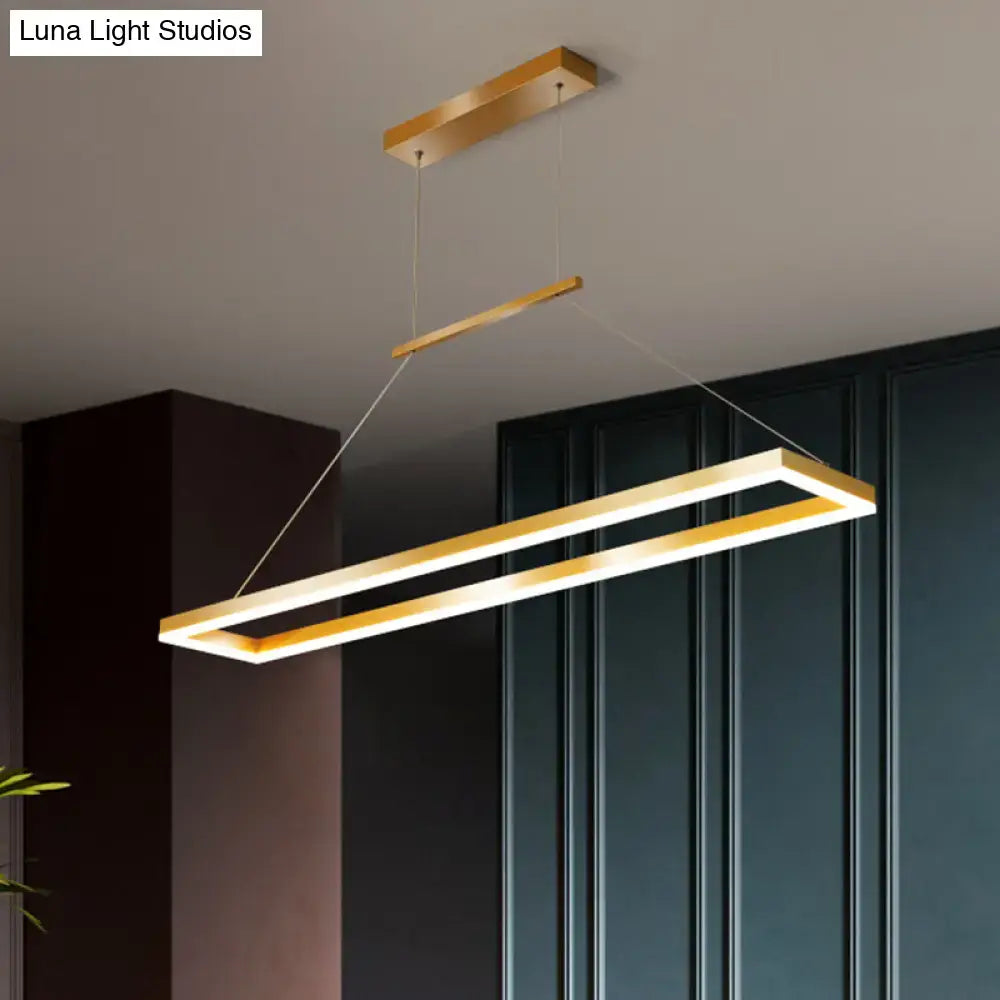 Modern gold-finished metal island ceiling pendant light with sleek rectangular design and integrated led illumination
