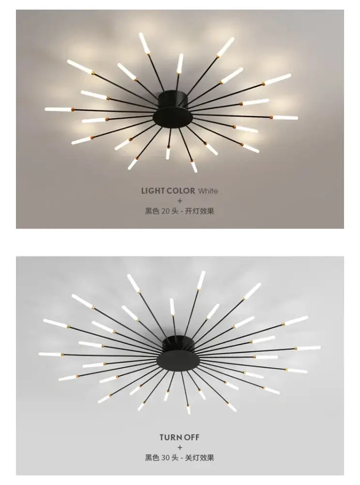 Decorbites sleek nordic led chandelier black starburst ceiling light with 20 white led arms for modern living room