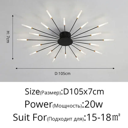 Black nordic led chandelier with frosted glass rods radiating from a central hub for modern living room ceiling
