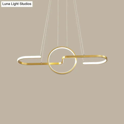 Modern gold-toned metal pendant light with sleek interlocking circular and oval led rings for curve dining room use