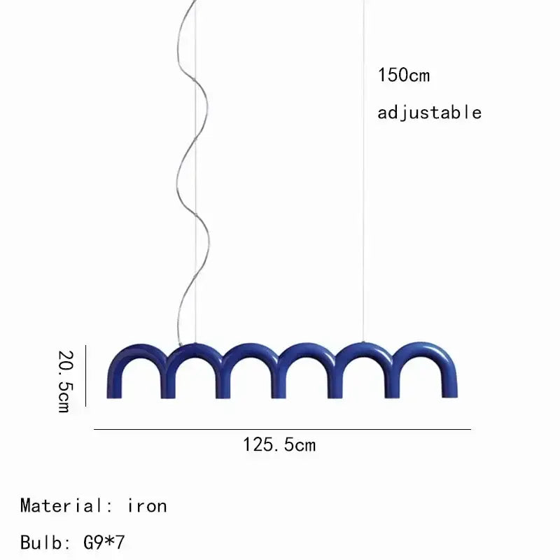 Blue iron decorbites™ sleek u-shaped chandelier with seven g9 bulbs in wavy design for bedroom and kitchen lighting