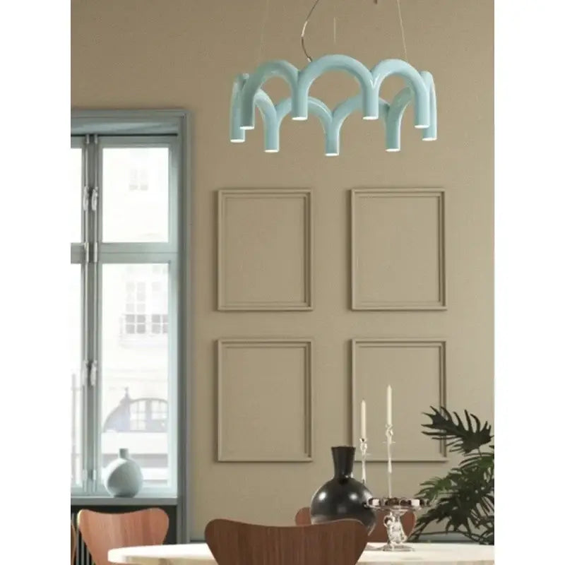 DecorBites™ sleek light blue modern u-shaped chandelier with sculptural curved arches for bedroom and kitchen use