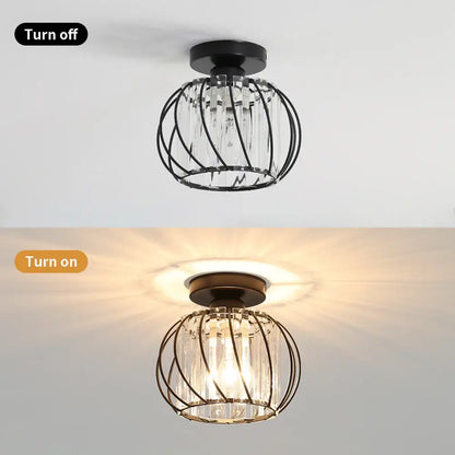 DecorBites small metal cage ceiling light with black metal frame and clear crystal rods farmhouse light fixture