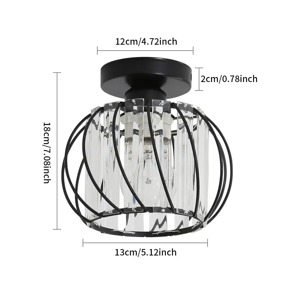DecorBites™ small metal cage farmhouse ceiling light in black metal and clear crystal with a modern cage design