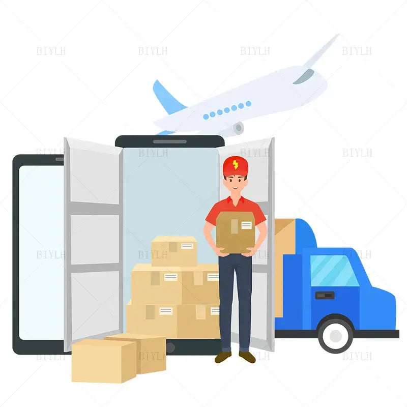 A delivery driver holding a brown box stands between smartphones displaying shipping for decorbites small transparent glass vase