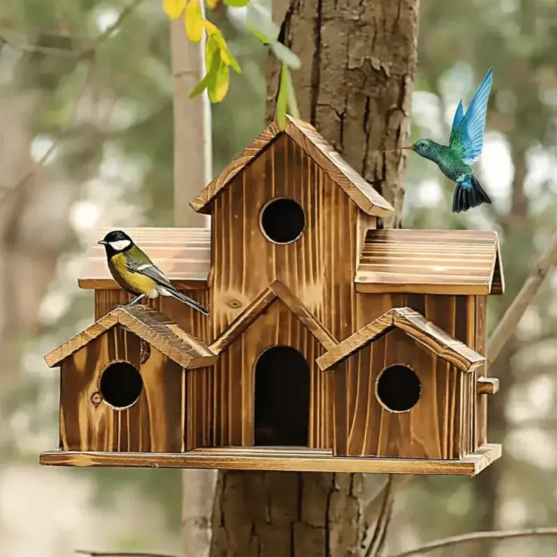 DecorBites™ small wooden hanging bird house with multi compartments natural finish and varied entry holes