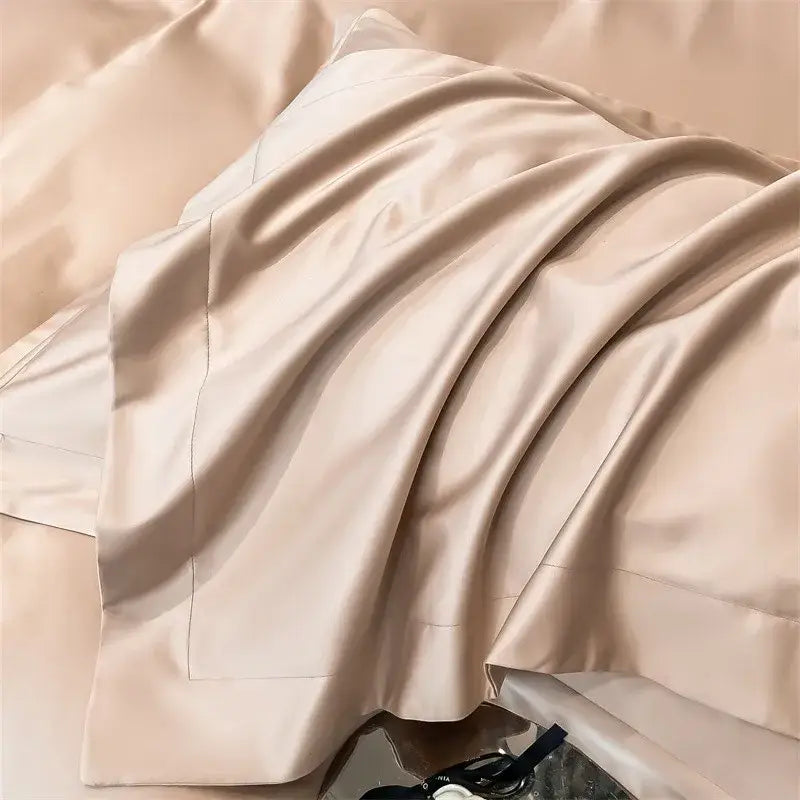 Beige satin pillowcase with smooth glossy finish and subtle sheen in decorbites™ soft egyptian cotton bedding set 1000tc with duvet cover