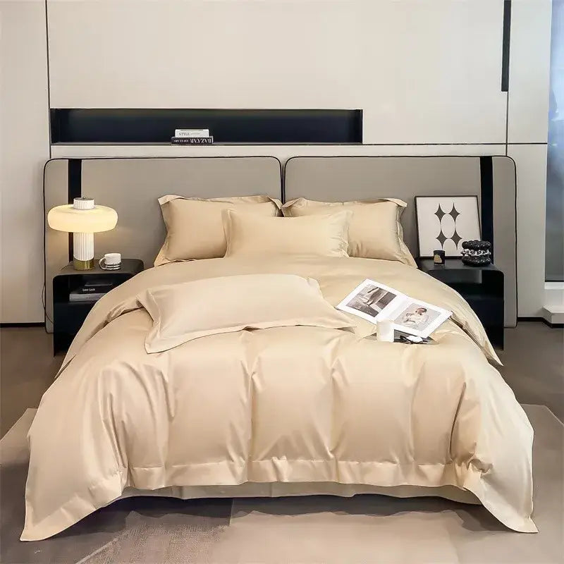 Beige satin duvet cover set with pillowcases featuring smooth texture in DecorBites™ soft Egyptian cotton 1000TC