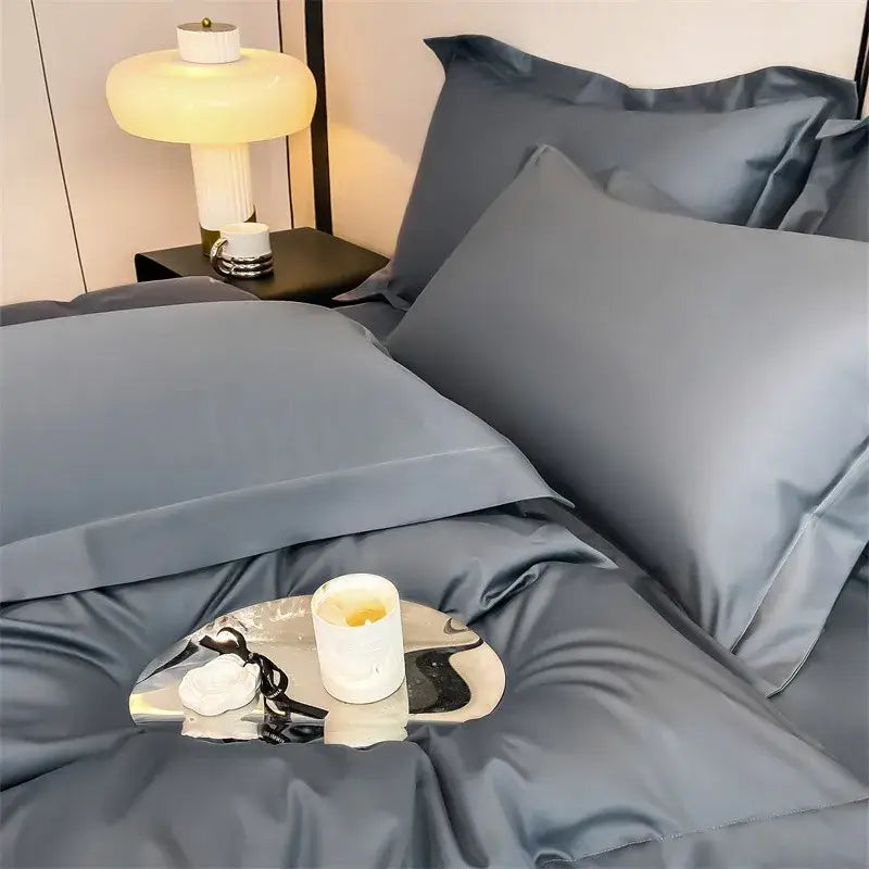Dark gray satin duvet cover and fitted sheet set from decorbites™ soft egyptian cotton bedding set 1000tc with stitched edges
