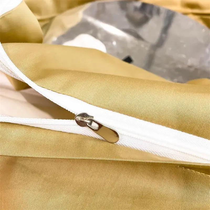 Gold colored satin duvet cover with white zipper and metallic pull tab from decorbites™ soft egyptian cotton 1000tc set