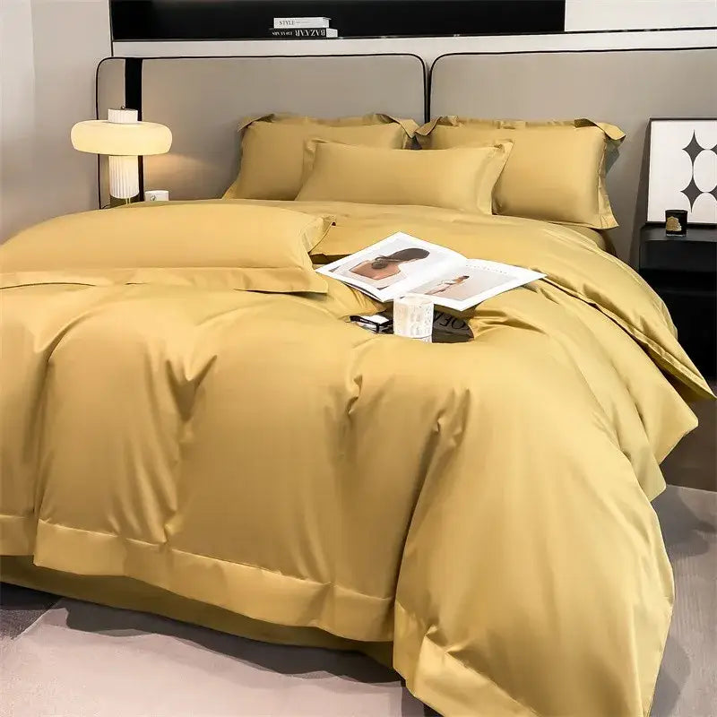 Golden satin decorbites soft egyptian cotton bedding set 1000tc with duvet cover fitted sheet and matching pillows