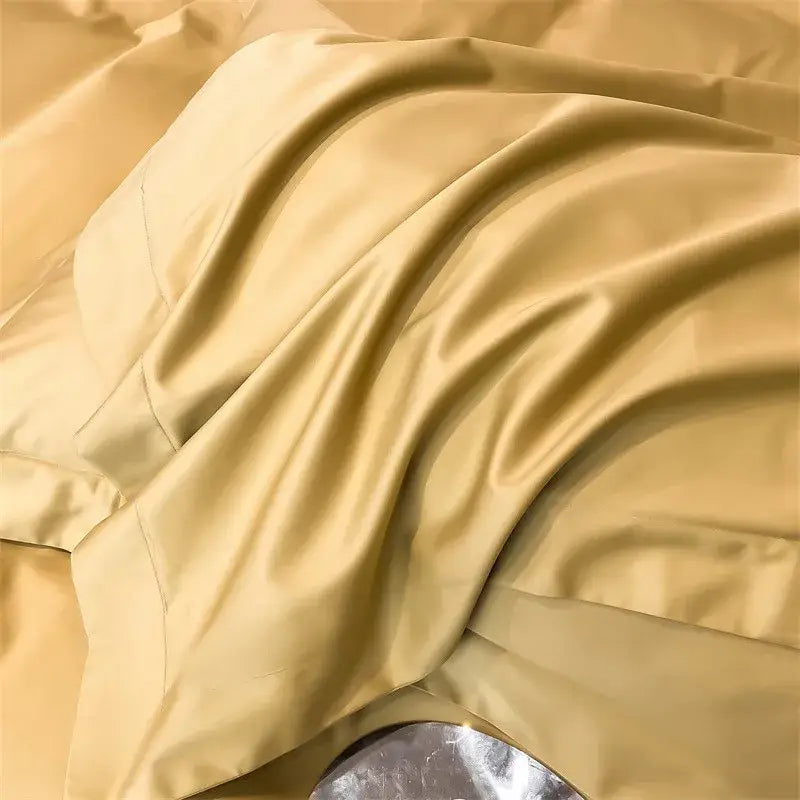 Soft golden-yellow satin duvet cover and fitted sheet from decorbites™ soft egyptian cotton bedding set 1000tc