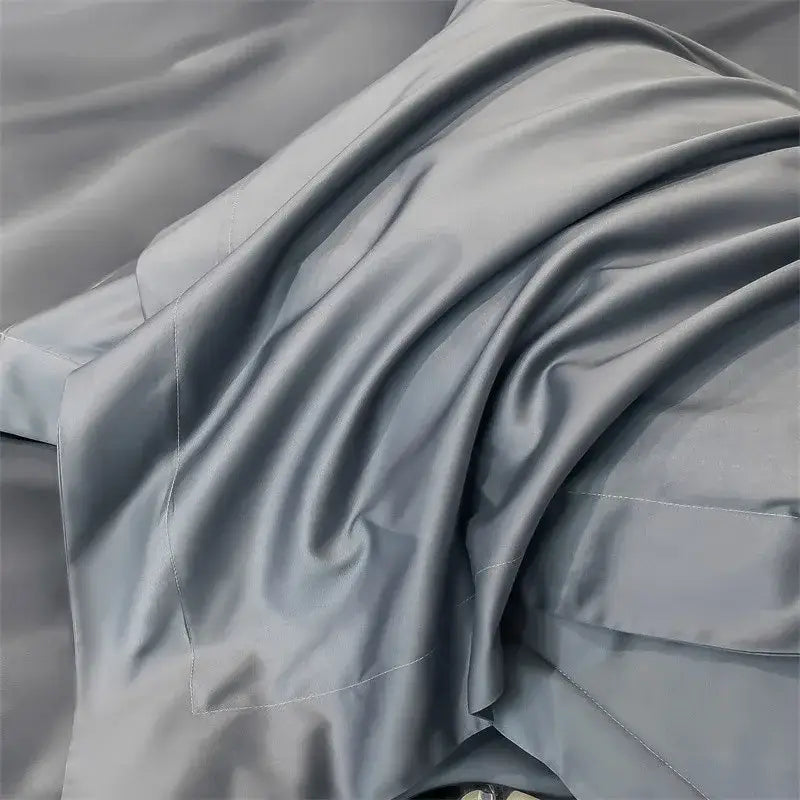 Gray satin fitted sheet with subtle sheen and fine stitching from decorbites soft egyptian cotton bedding set 1000tc
