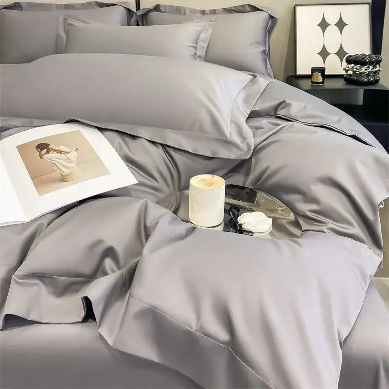 Gray satin duvet cover and fitted sheet from decorbites soft egyptian cotton bedding set 1000tc with a glossy finish
