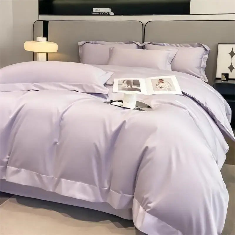 Lavender satin duvet cover set with fitted sheet and pillowcases featuring smooth glossy finish and elegant stitched detailing