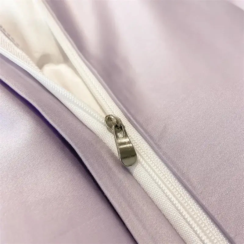 Lavender satin duvet cover with white zipper and metallic pull tab from decorbites soft egyptian cotton bedding set 1000tc