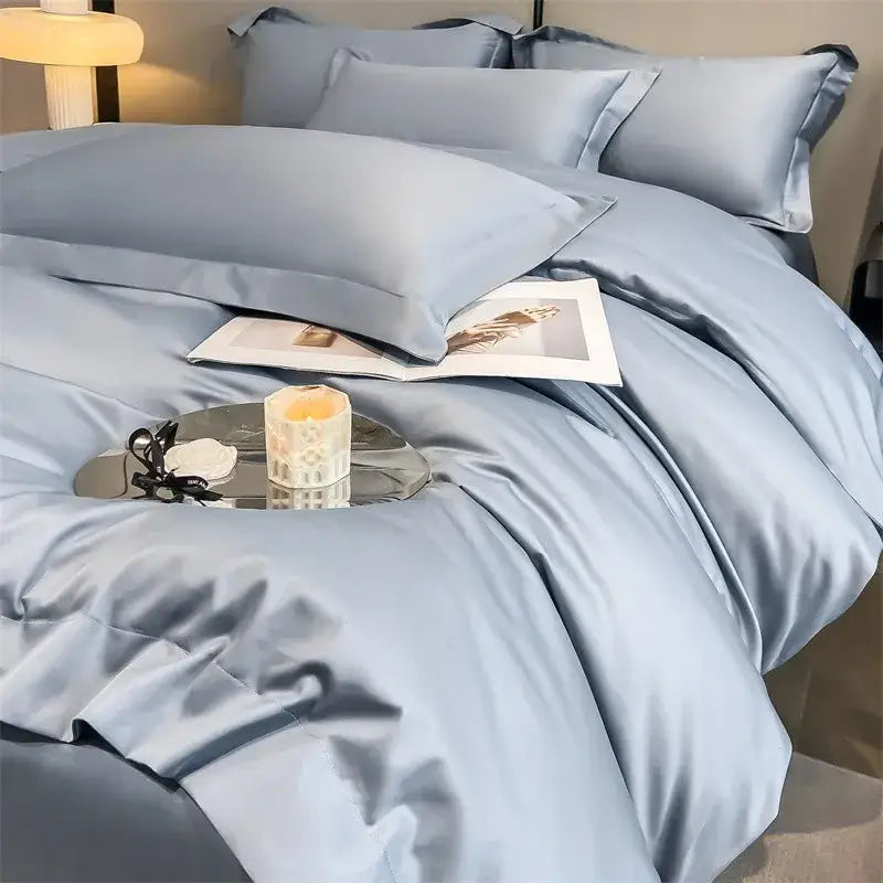 Decorbites™ soft egyptian cotton bedding set in light blue satin with smooth glossy finish includes duvet cover and fitted sheet