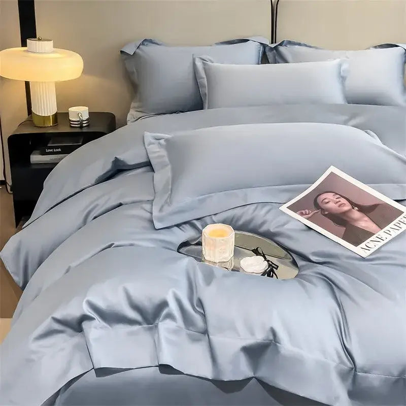 DecorBites™ soft Egyptian cotton bedding set in light blue with 1000TC duvet cover and fitted sheet