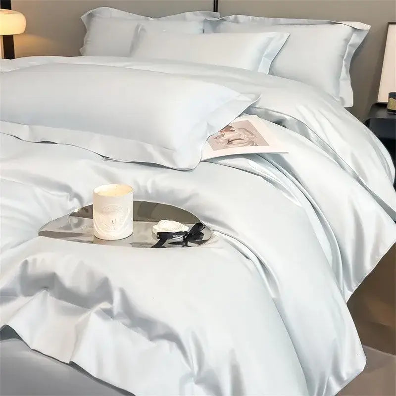 Light blue satin decorbites soft egyptian cotton bedding set with 1000tc fitted sheet and piece duvet cover glossy finish