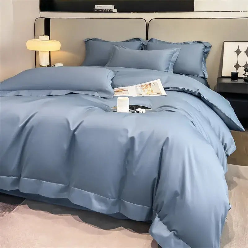 DecorBites™ soft Egyptian cotton duvet cover set in light blue satin with fitted sheet and smooth luxurious finish