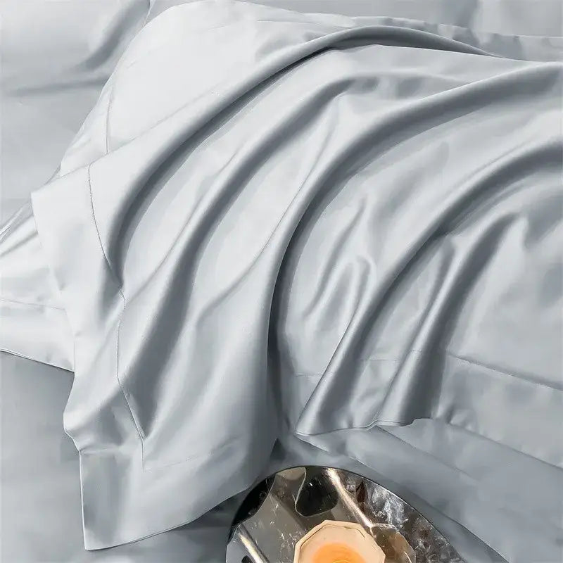 Light gray satin pillowcase with smooth glossy finish from decorbites™ soft egyptian cotton bedding set 1000tc includes duvet cover and fitted sheet
