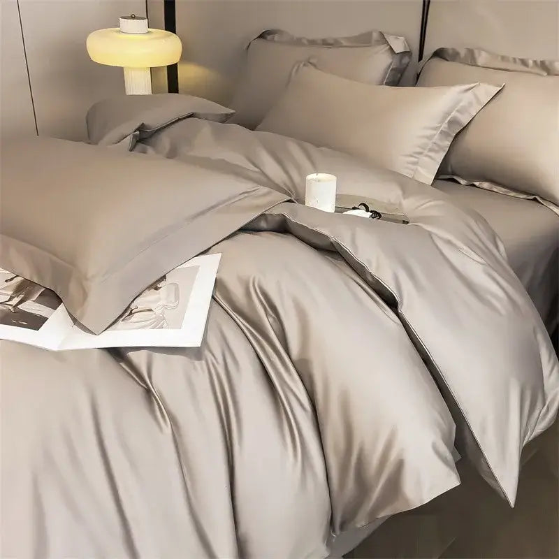 Decorbites soft egyptian cotton duvet cover set in gray satin with 1000tc featuring smooth glossy finish and fitted sheet