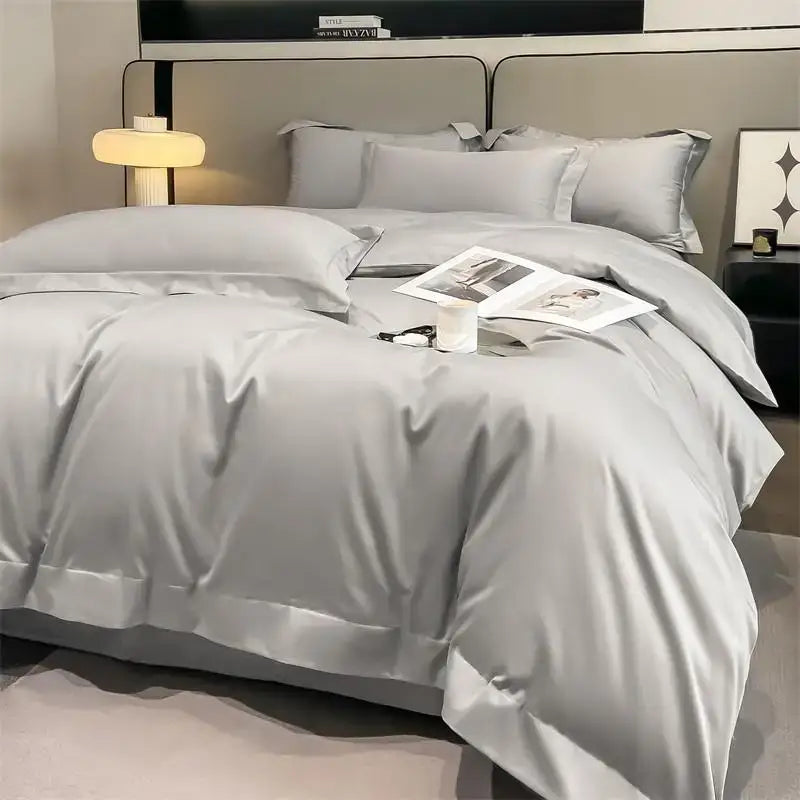 Decorbites™ soft egyptian cotton duvet cover set in silver-gray satin with stitched detailing and fitted sheet included