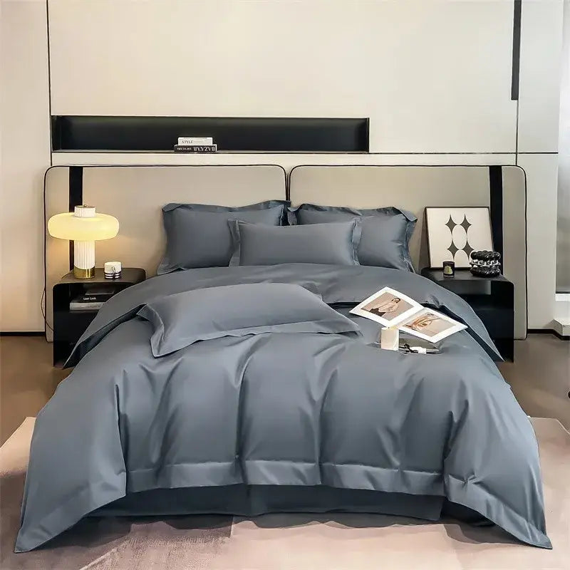 DecorBites™ slate blue satin duvet cover set with soft Egyptian cotton 1000TC fitted sheet and pillowcases