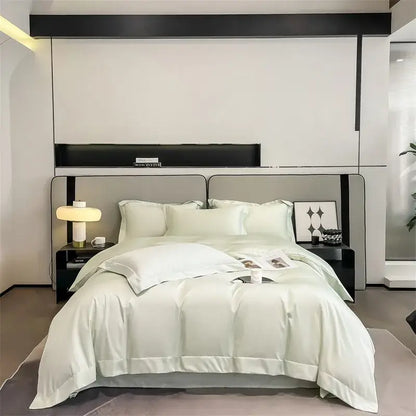 DecorBites™ soft Egyptian cotton duvet cover set in white satin with elegant stitched detailing and smooth glossy finish