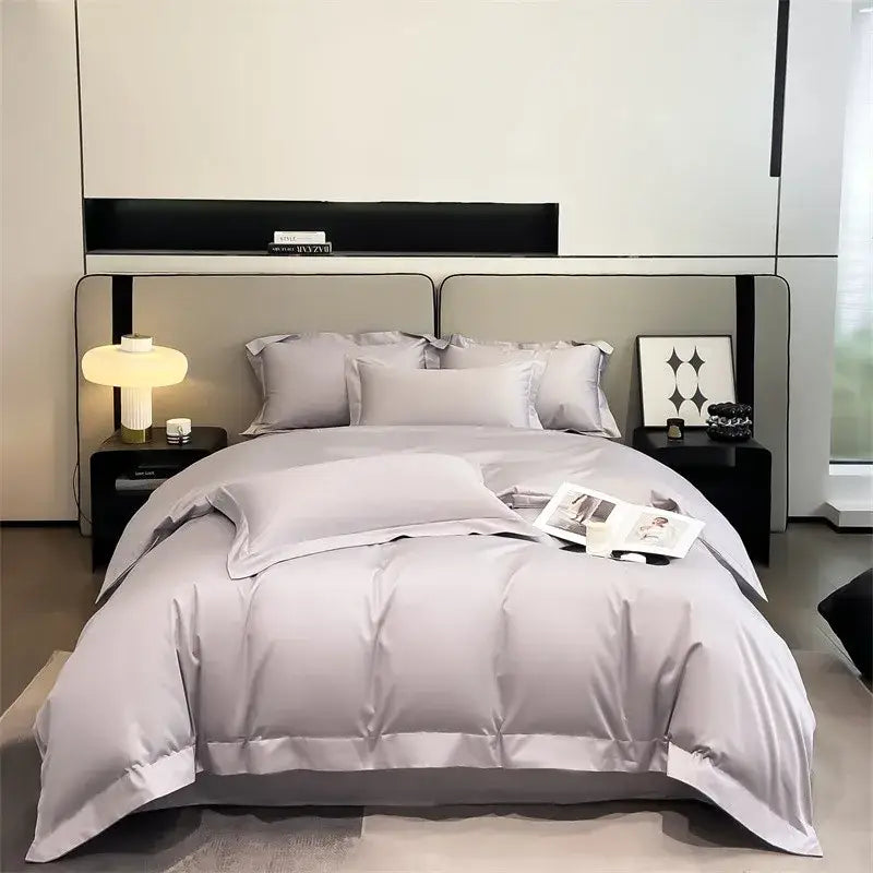 Decorbites soft egyptian cotton duvet cover set in light gray satin with elegant stitched detailing and fitted sheet