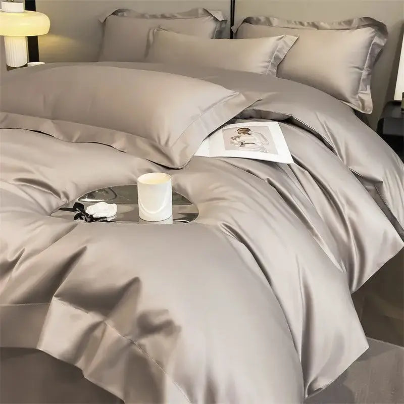 Silk-gray satin duvet cover set with matching pillowcases and pleated edges from decorbites soft egyptian cotton bedding set 1000tc