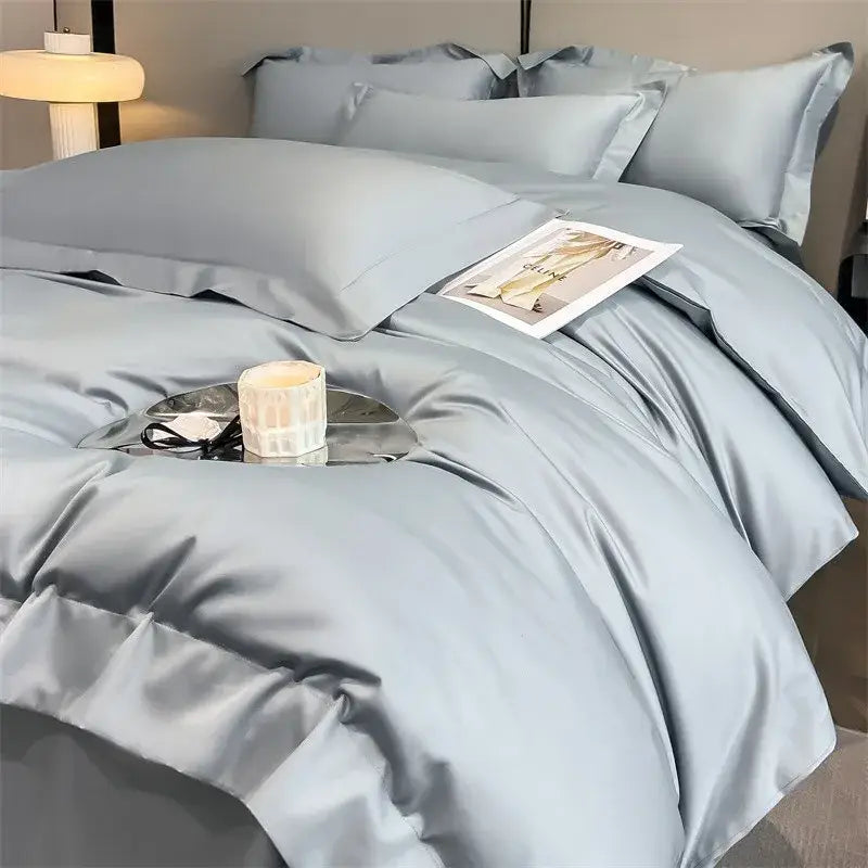 Silk-like light blue satin decorbites™ soft egyptian cotton bedding set with duvet cover fitted sheet and matching pillows