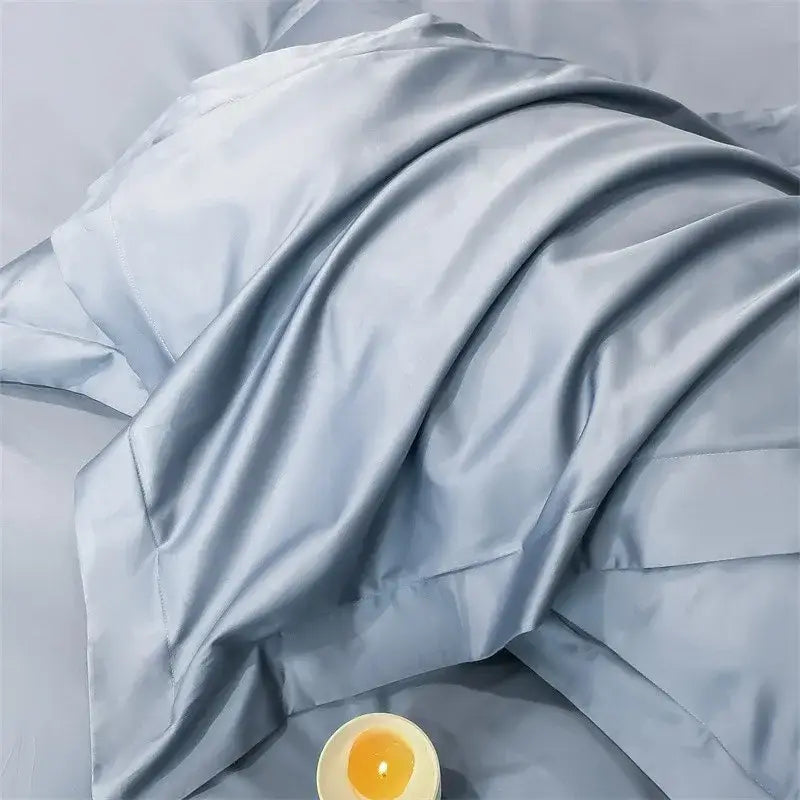 Silk pillowcase with smooth light blue satin finish as part of decorbites soft egyptian cotton bedding set 1000tc with duvet cover