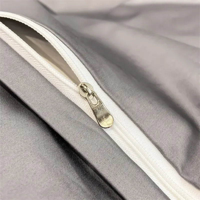Silver-toned zipper with metallic pull tab on soft gray egyptian cotton duvet cover from decorbites™ 1000TC bedding set