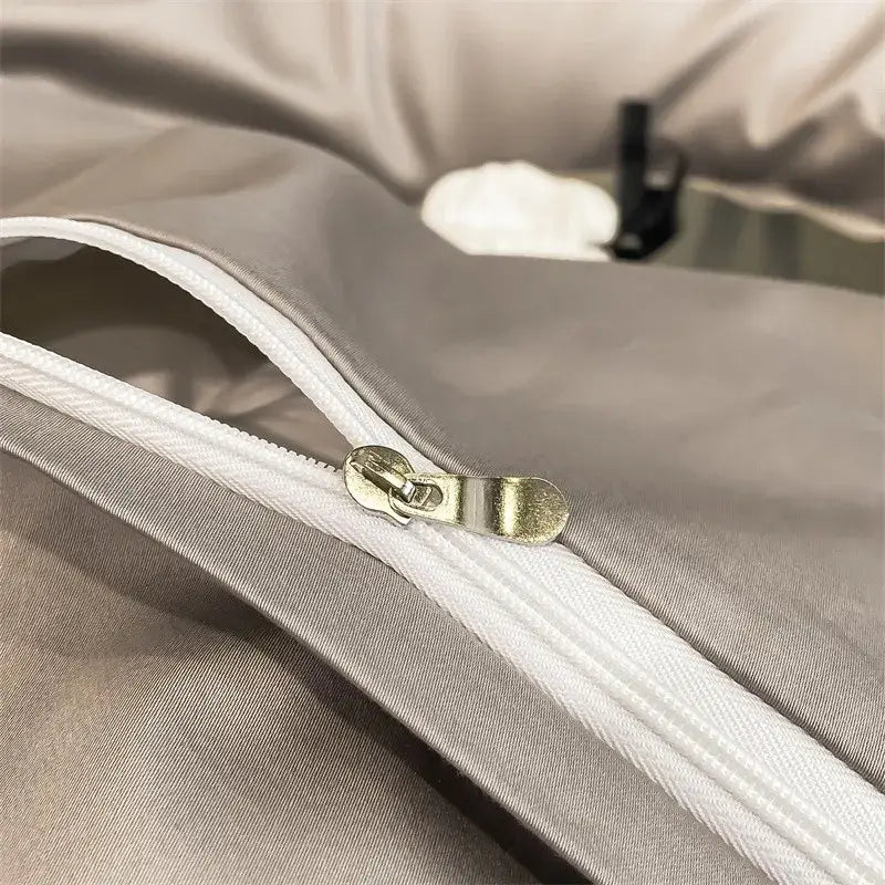 Silver-toned zipper with metallic pull tab on gray Egyptian cotton duvet cover from DecorBites™ 1000TC bedding set
